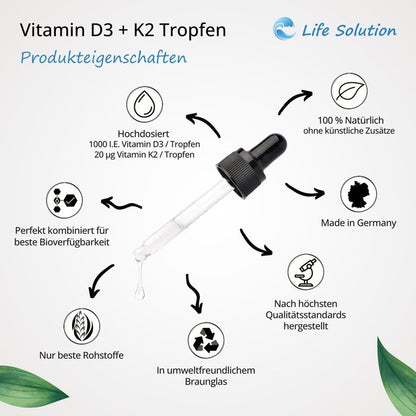 Vitamin D3 + K2 Tropfen - 1000 I.E. D3 / 20 µg K2 - je Tropfen - 1700 Tropfen