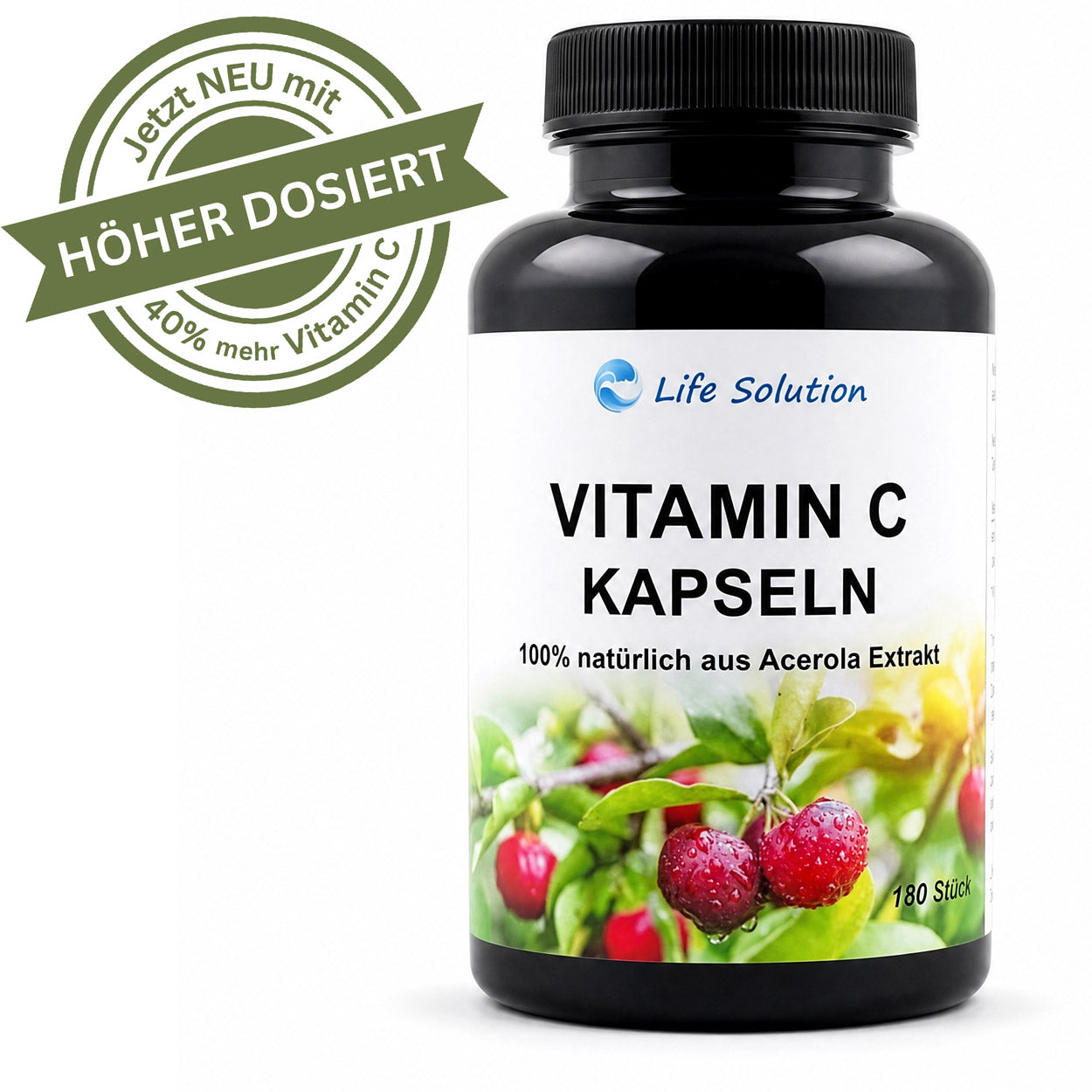 Vitamin C Kapseln - 180 Stück - 100% natürlich - aus Acerola Kirschextrakt