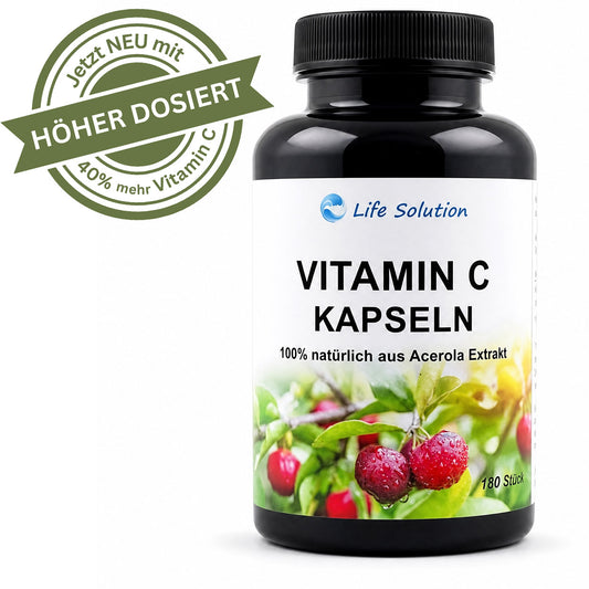 Gélules de vitamine C - 180 gélules - 100 % naturelles - À base d'extrait de cerise acérola