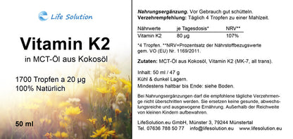Vitamin K2 Tropfen - 20 µg K2 - je Tropfen - 1700 Tropfen