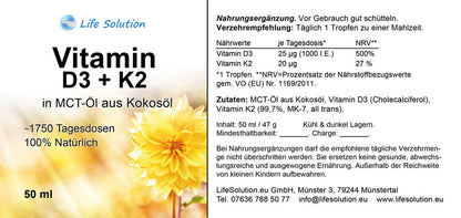 Vitamin D3 + K2 Tropfen - 1000 I.E. D3 / 20 µg K2 - je Tropfen - 1700 Tropfen