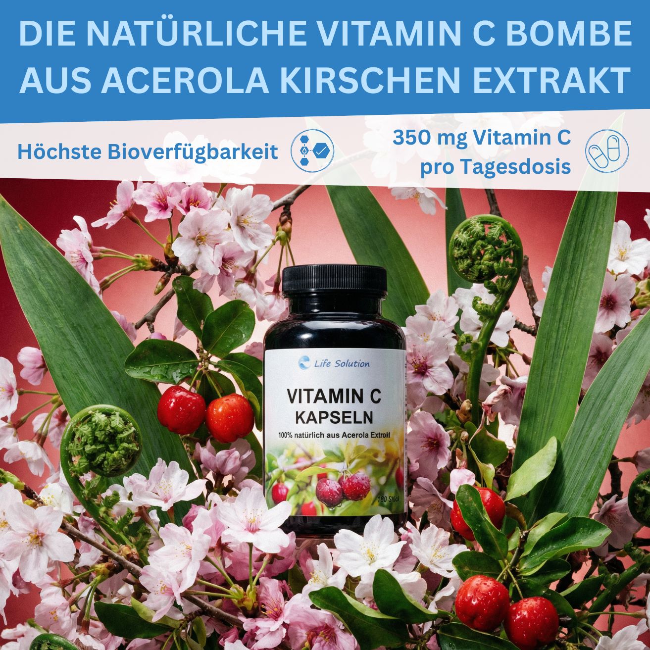 Vitamin C Kapseln - 180 Stück - 100% natürlich - aus Acerola Kirschextrakt