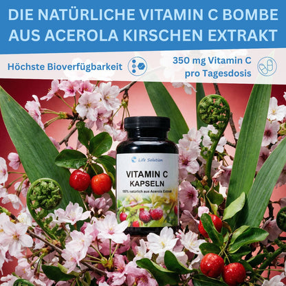 Vitamin C Kapseln - 180 Stück - 100% natürlich - aus Acerola Kirschextrakt