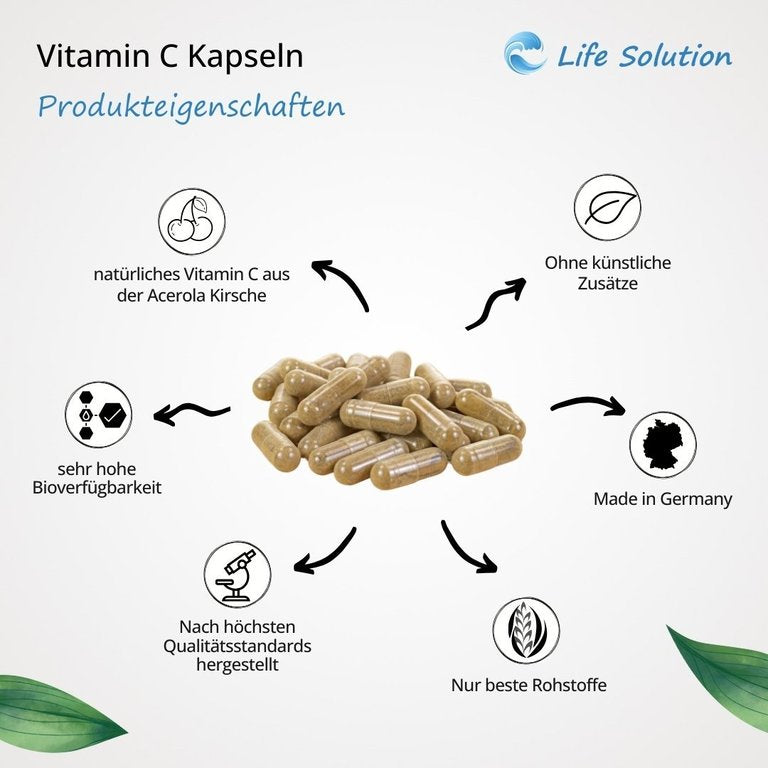 Vitamin C Kapseln - 180 Stück - 100% natürlich - aus Acerola Kirschextrakt