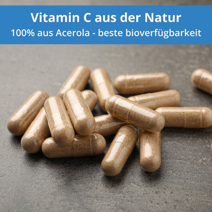 Vitamin C Kapseln - 180 Stück - 100% natürlich - aus Acerola Kirschextrakt