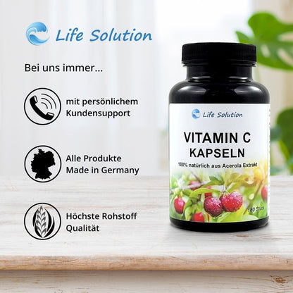 Vitamin C Kapseln - 180 Stück - 100% natürlich - aus Acerola Kirschextrakt