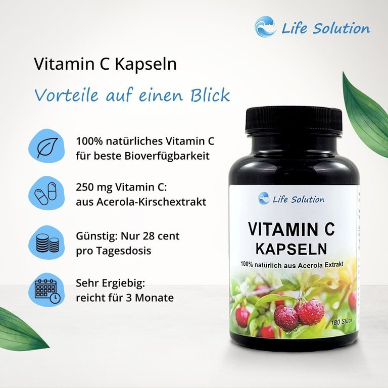 Vitamin C Kapseln - 180 Stück - 100% natürlich - aus Acerola Kirschextrakt