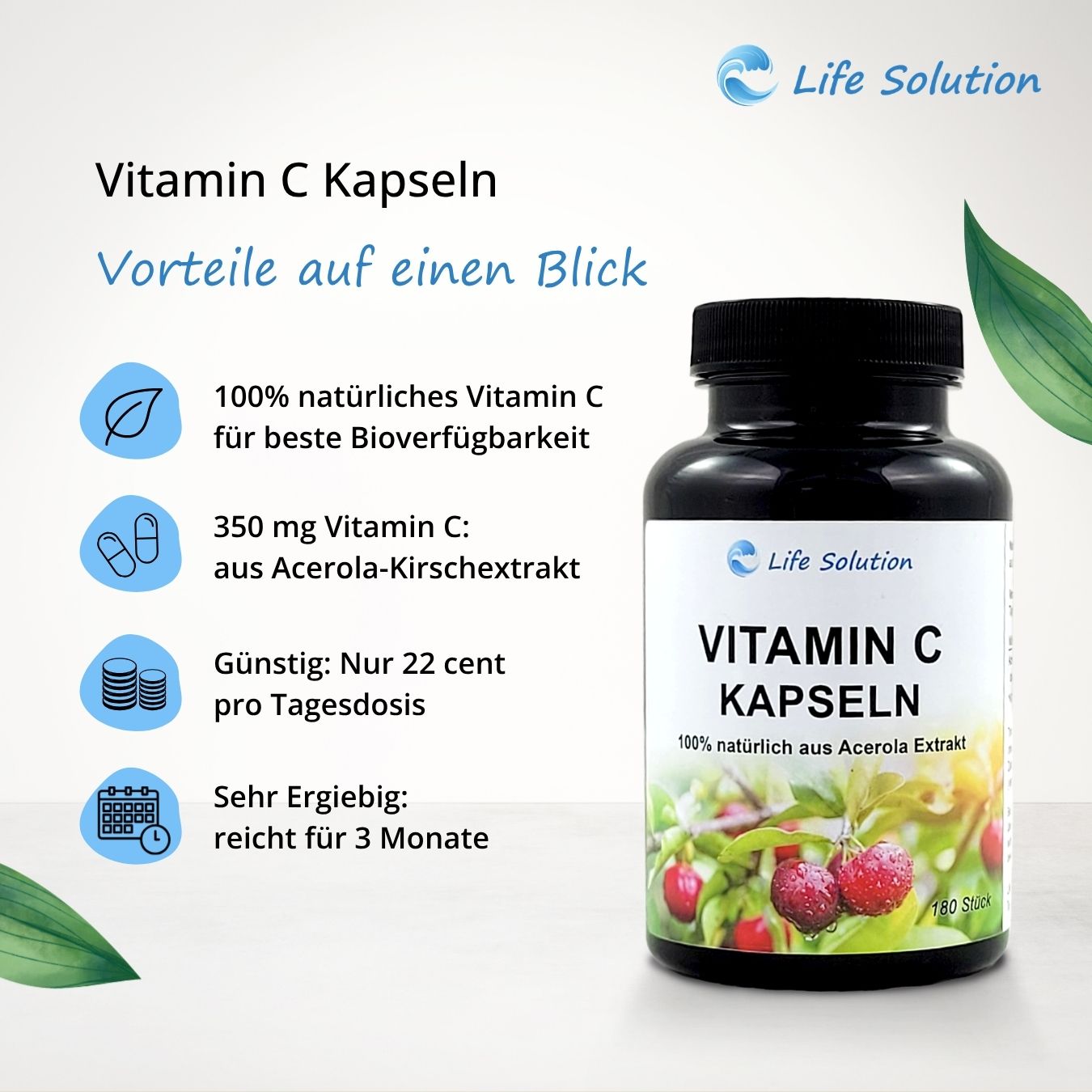 Vitamin C Kapseln - 180 Stück - 100% natürlich - aus Acerola Kirschextrakt