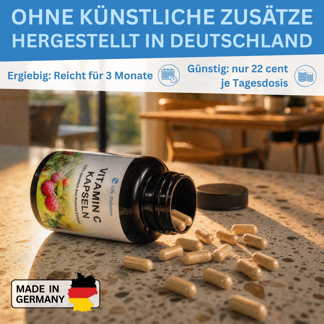 Vitamin C Kapseln - 180 Stück - 100% natürlich - aus Acerola Kirschextrakt