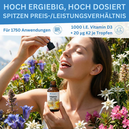 Gouttes de Vitamine D3 + K2 - 1000 UI D3 / 20 µg K2 - par goutte - 1750 gouttes