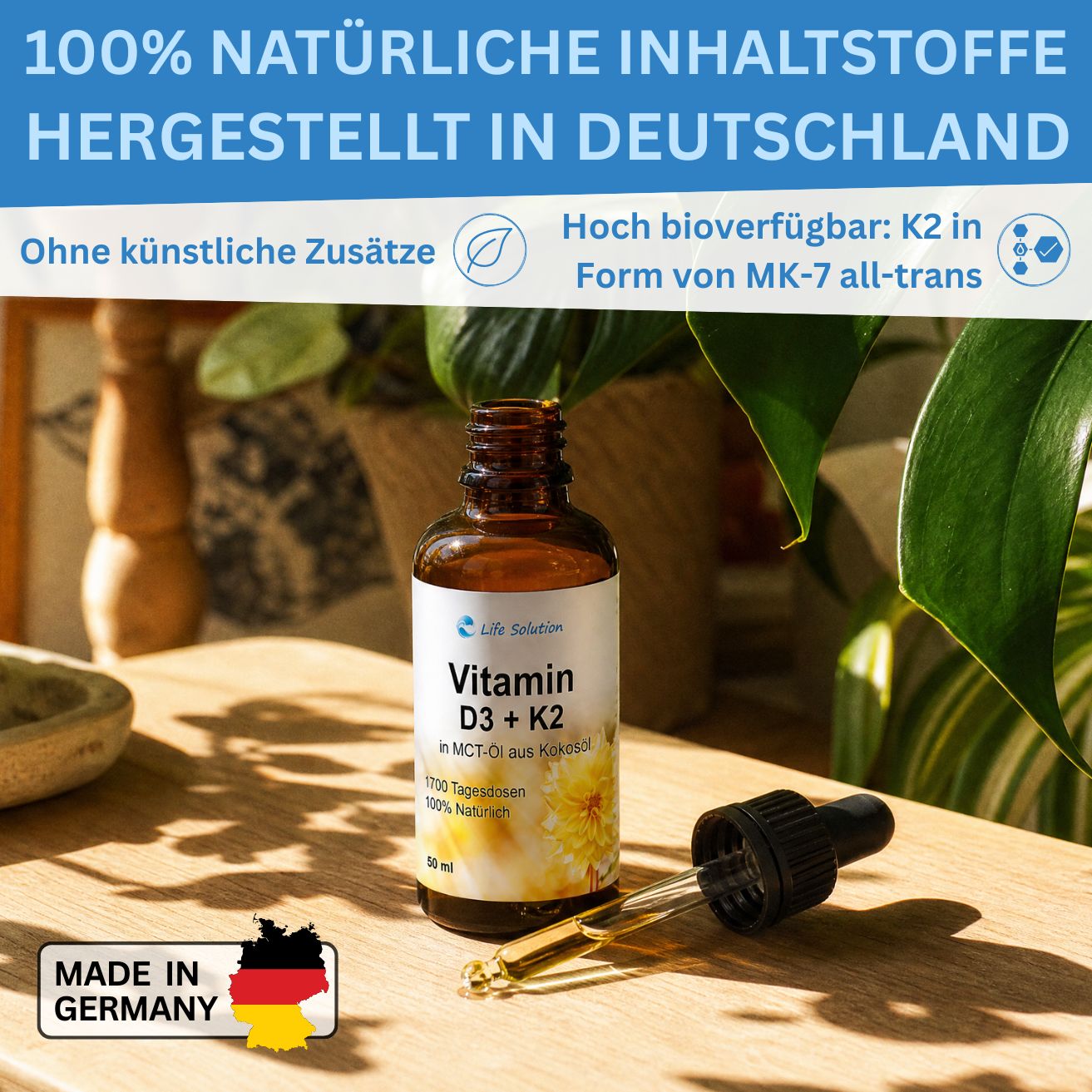 Gouttes de Vitamine D3 + K2 - 1000 UI D3 / 20 µg K2 - par goutte - 1750 gouttes