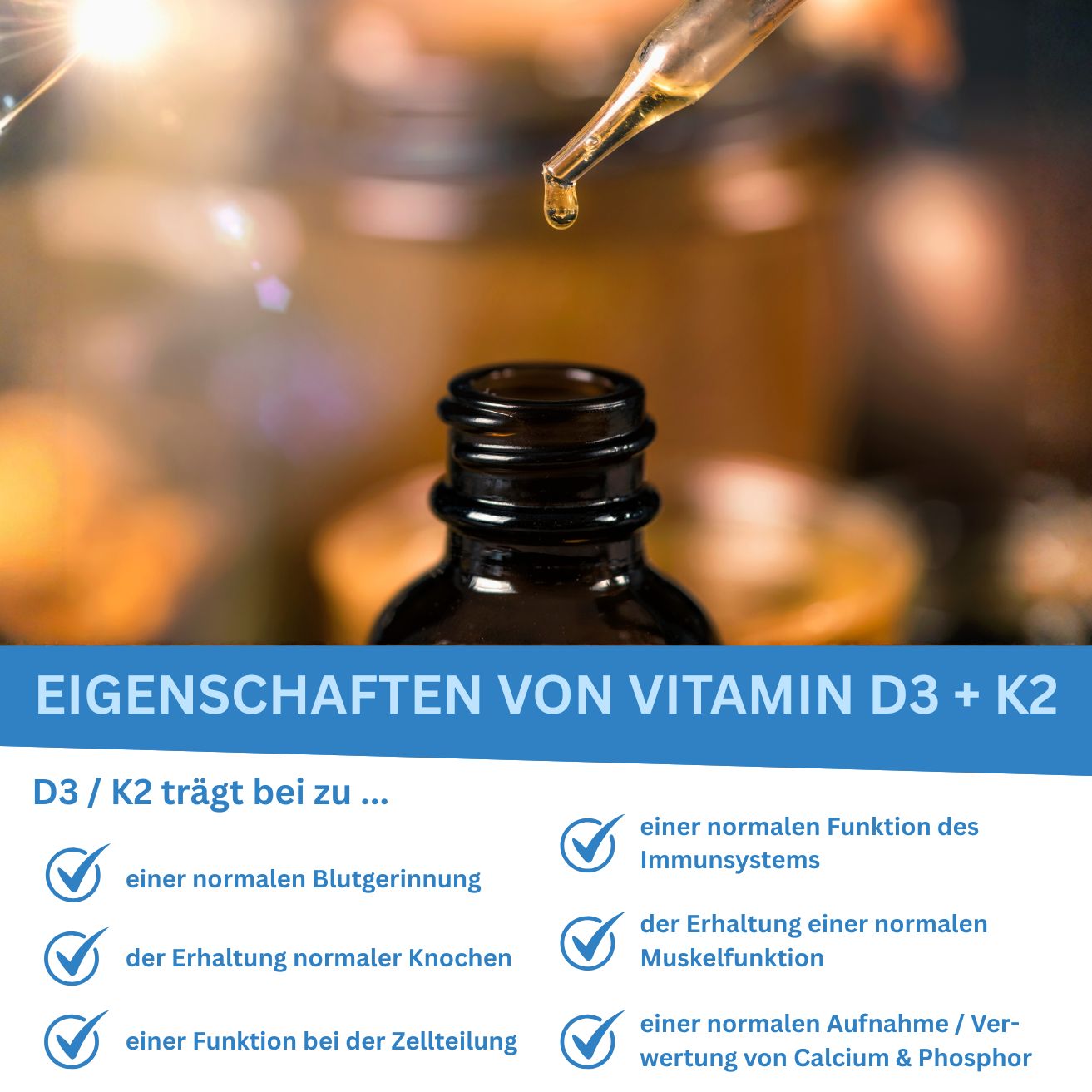 Gouttes de Vitamine D3 + K2 - 1000 UI D3 / 20 µg K2 - par goutte - 1750 gouttes