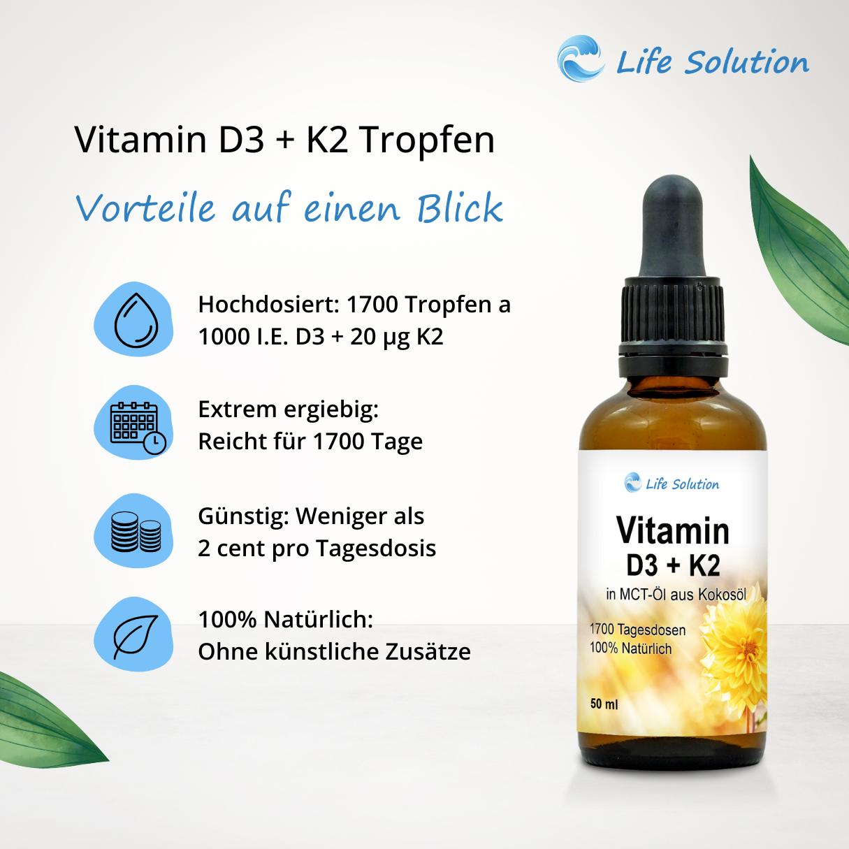 Gouttes de vitamine D3 + K2 - 1000 UI D3 / 20 µg K2 par goutte - 1700 gouttes