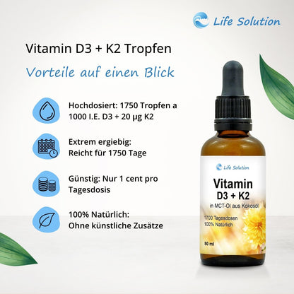 Gouttes de Vitamine D3 + K2 - 1000 UI D3 / 20 µg K2 - par goutte - 1750 gouttes