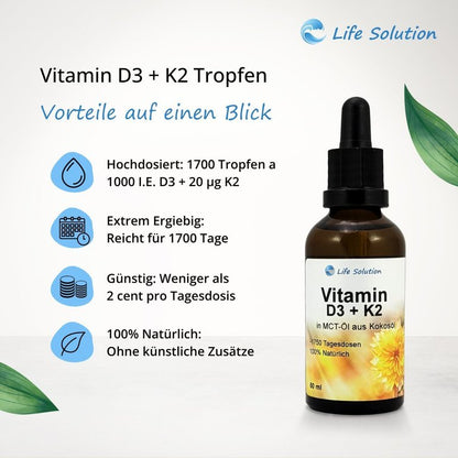 Vitamin D3 + K2 Tropfen - 1000 I.E. D3 / 20 µg K2 - je Tropfen - 1700 Tropfen