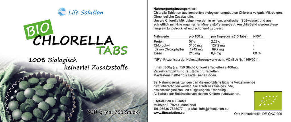 Bio Chlorella Presslinge - 750 Tabletten je 400mg - 300g - Wie Kapseln