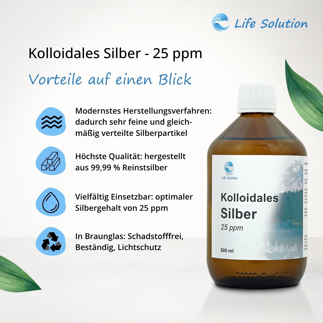 Colloidal silver - 25 ppm - 500 ml - made from 99.99% pure silver