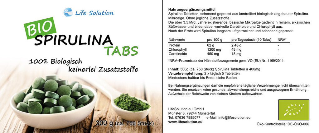 Bio Spirulina Presslinge - 300g - 750 Tabletten je 400mg - wie Kapseln